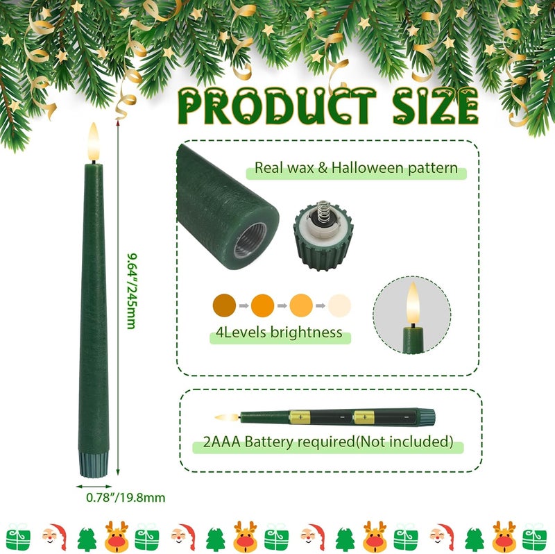 AFINETH Green Flameless Candles, 9.6" Real Wax Taper Battery Opearted Candles with Remote, 3 Pack Flickering LED Candlesticks with 3D Wick, Classic Tall Taper Candles for Home, Party, Christmas Decor - Image 2